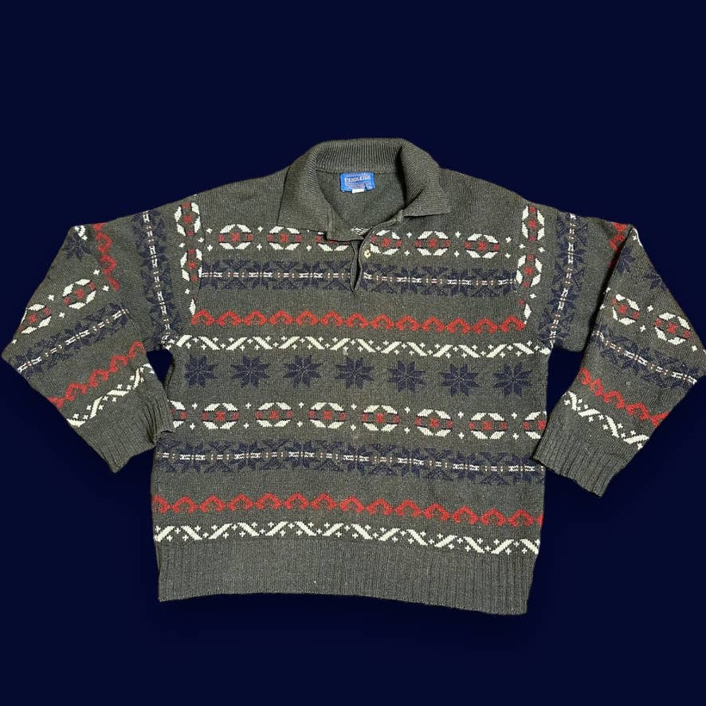 Vintage Pendleton Pullover Wool Sweater Green Red Snwoflake Fair Isle Sx M